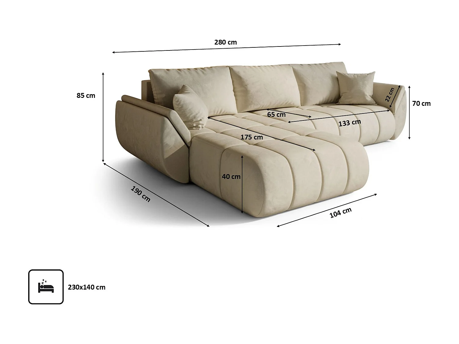 Canapé d'angle convertible avec rangement TOKYO PREMIUM, tissu MONOLITH, écru, gauche