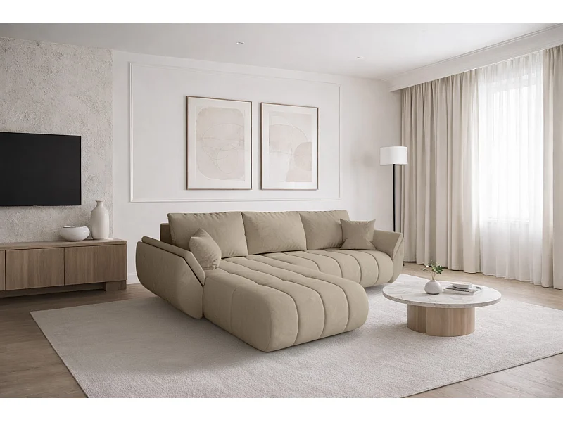 Divano angolare con funzione letto e vano contenitore TOKYO PREMIUM, tessuto MONOLITH, Ecru, Sinistra