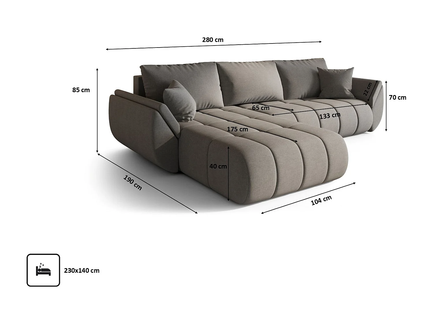 Hoekbank met slaapfunctie en opbergvak TOKYO PREMIUM, stof WIND, bruingrijs, links