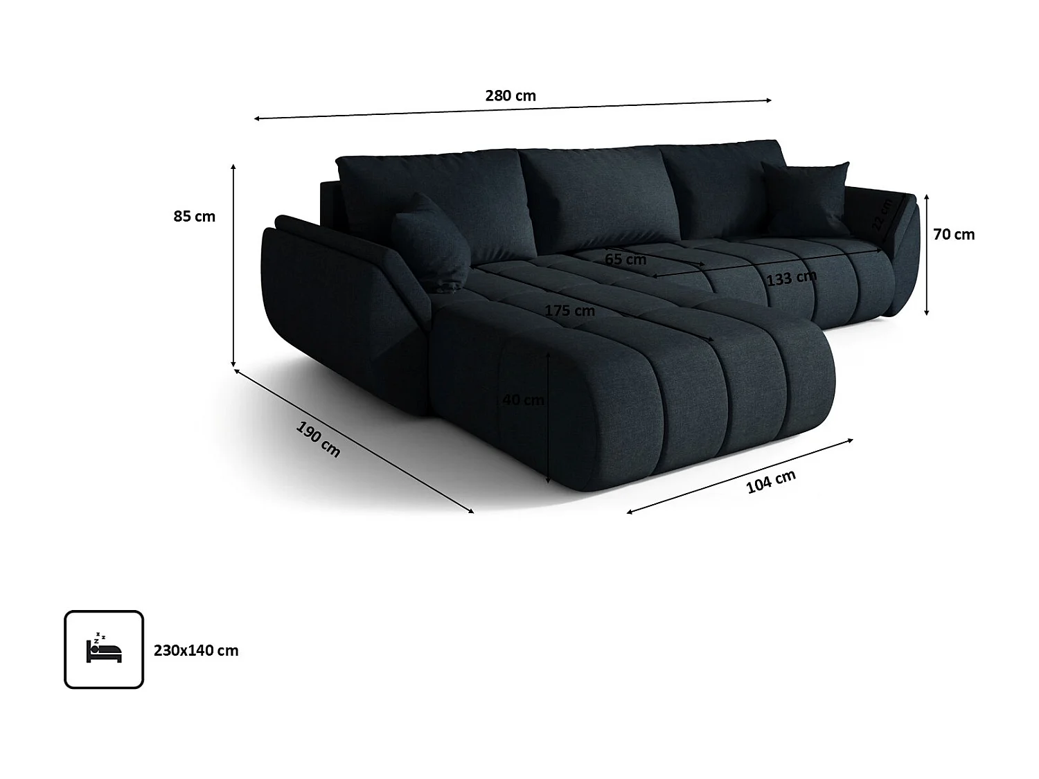 Canapé d'angle convertible avec compartiment de rangement TOKYO PREMIUM, tissu WIND, bleu foncé, gauche
