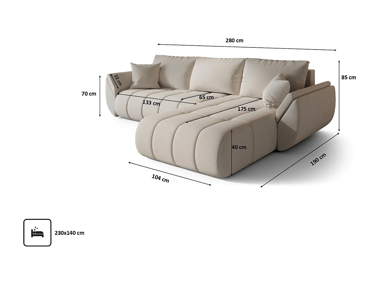 Hoekbank met slaapfunctie en opbergvak TOKYO PREMIUM, stof WIND, Beige, Rechts