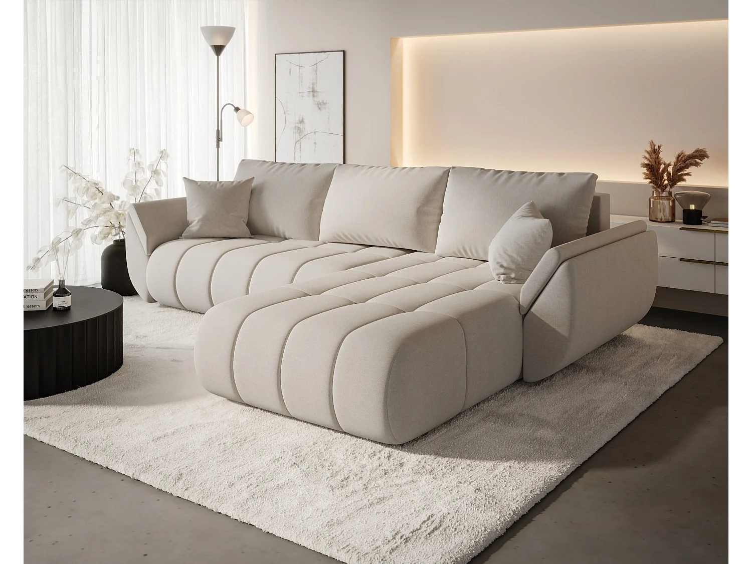 Canapé d'angle convertible avec rangement TOKYO PREMIUM, tissu WIND, beige, côté droit