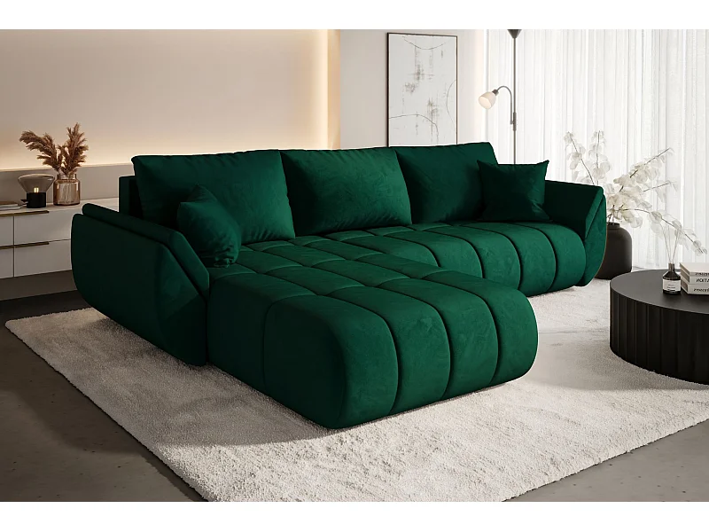 Divano angolare con funzione letto e vano contenitore TOKYO PREMIUM, tessuto MONOLITH, Verde, Sinistra