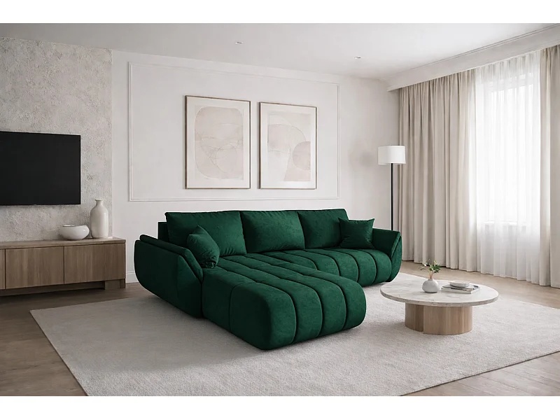 Divano angolare con funzione letto e vano contenitore TOKYO PREMIUM, tessuto MONOLITH, Verde, Sinistra