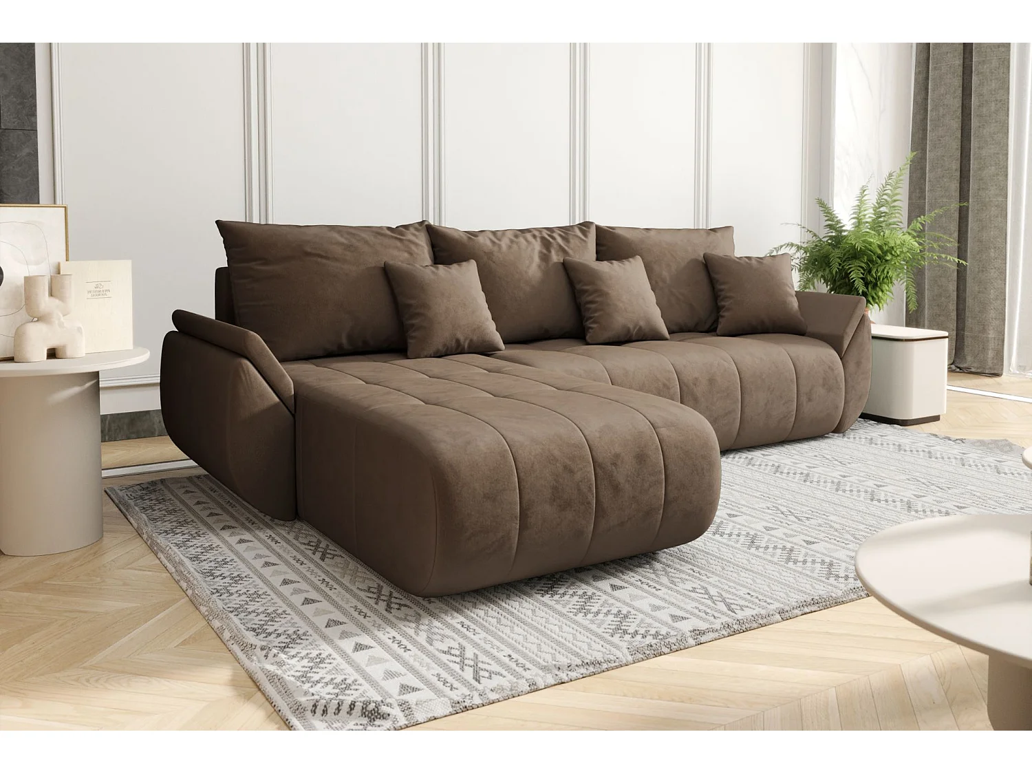 Canapé d'angle convertible avec rangement TOKYO, tissu MONOLITH, marron clair, gauche