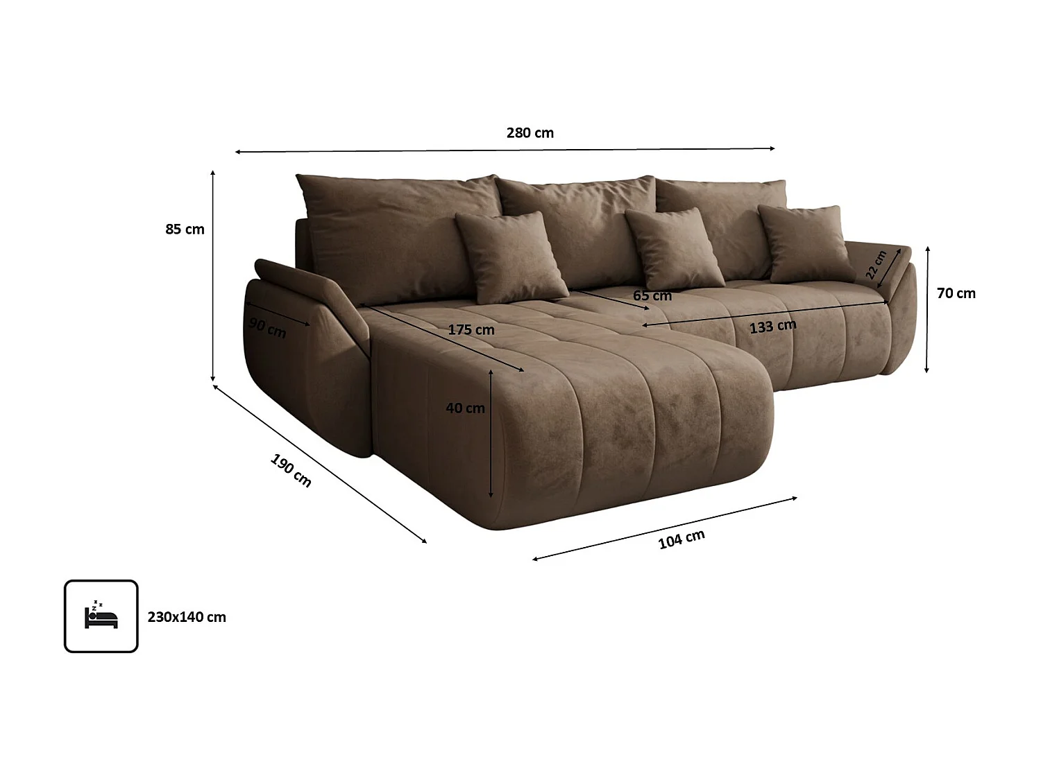 Canapé d'angle convertible avec rangement TOKYO, tissu MONOLITH, marron clair, gauche