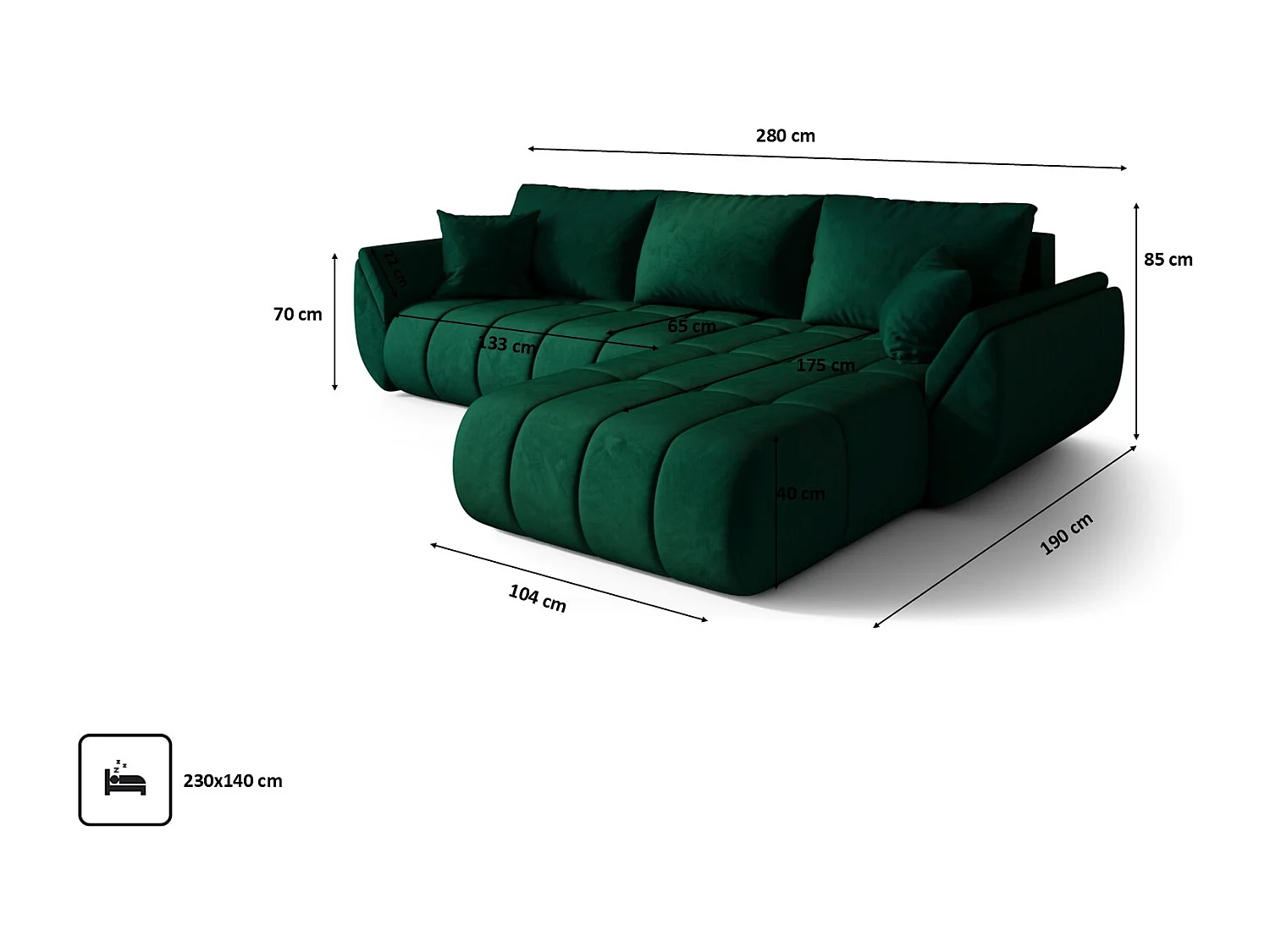 Canapé d'angle convertible avec rangement TOKYO PREMIUM, tissu MONOLITH, vert, côté droit