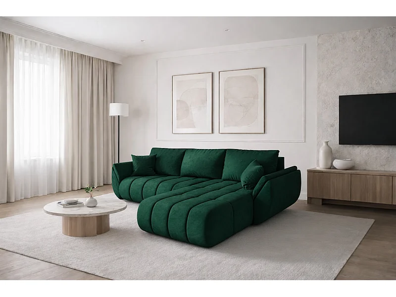 Divano angolare con funzione letto e vano contenitore TOKYO PREMIUM, tessuto MONOLITH, Verde, Destra