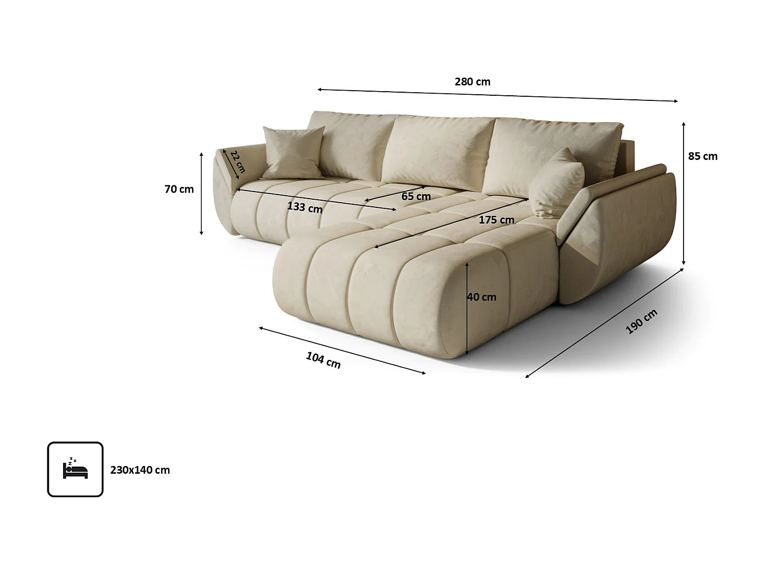 Canapé d'angle convertible avec rangement TOKYO PREMIUM, tissu MONOLITH, écru, côté droit