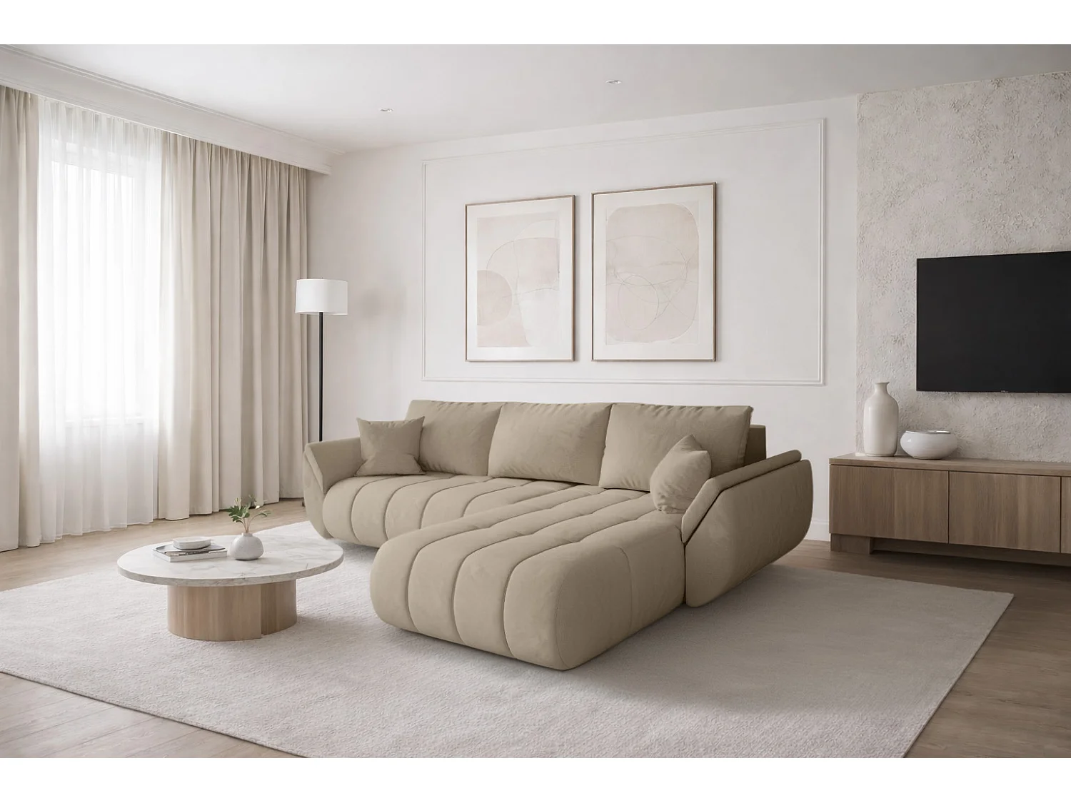 Canapé d'angle convertible avec rangement TOKYO PREMIUM, tissu MONOLITH, écru, côté droit