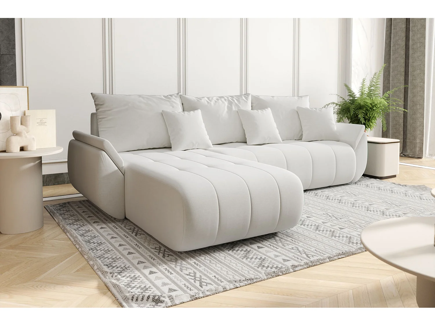 Canapé d'angle convertible avec compartiment de rangement TOKYO, tissu WIND, écru, gauche