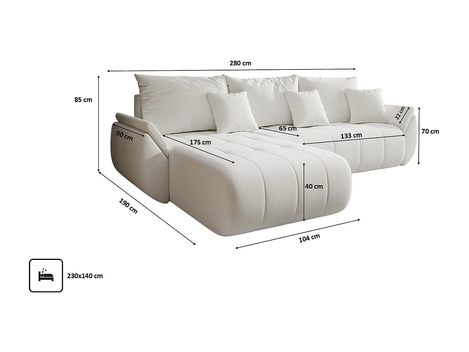 Canapé d'angle convertible avec compartiment de rangement TOKYO, tissu WIND, écru, gauche