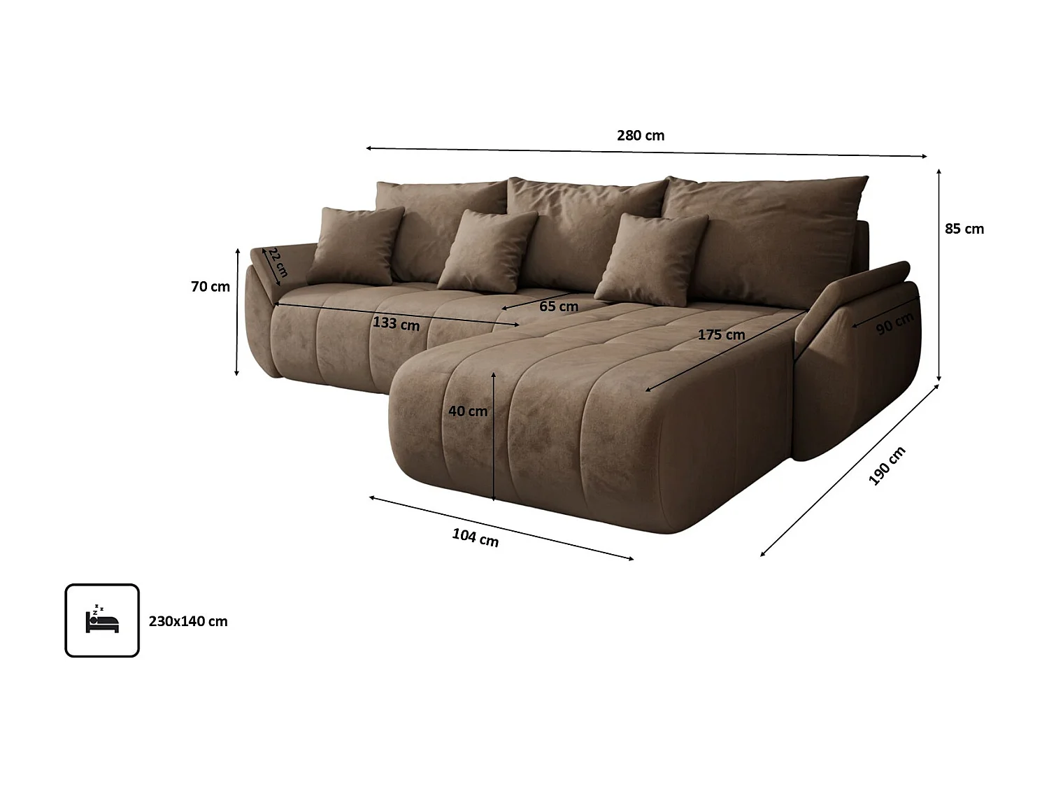 Hoekbank met slaapfunctie en opbergvak TOKYO, stof MONOLITH, lichtbruin, rechts