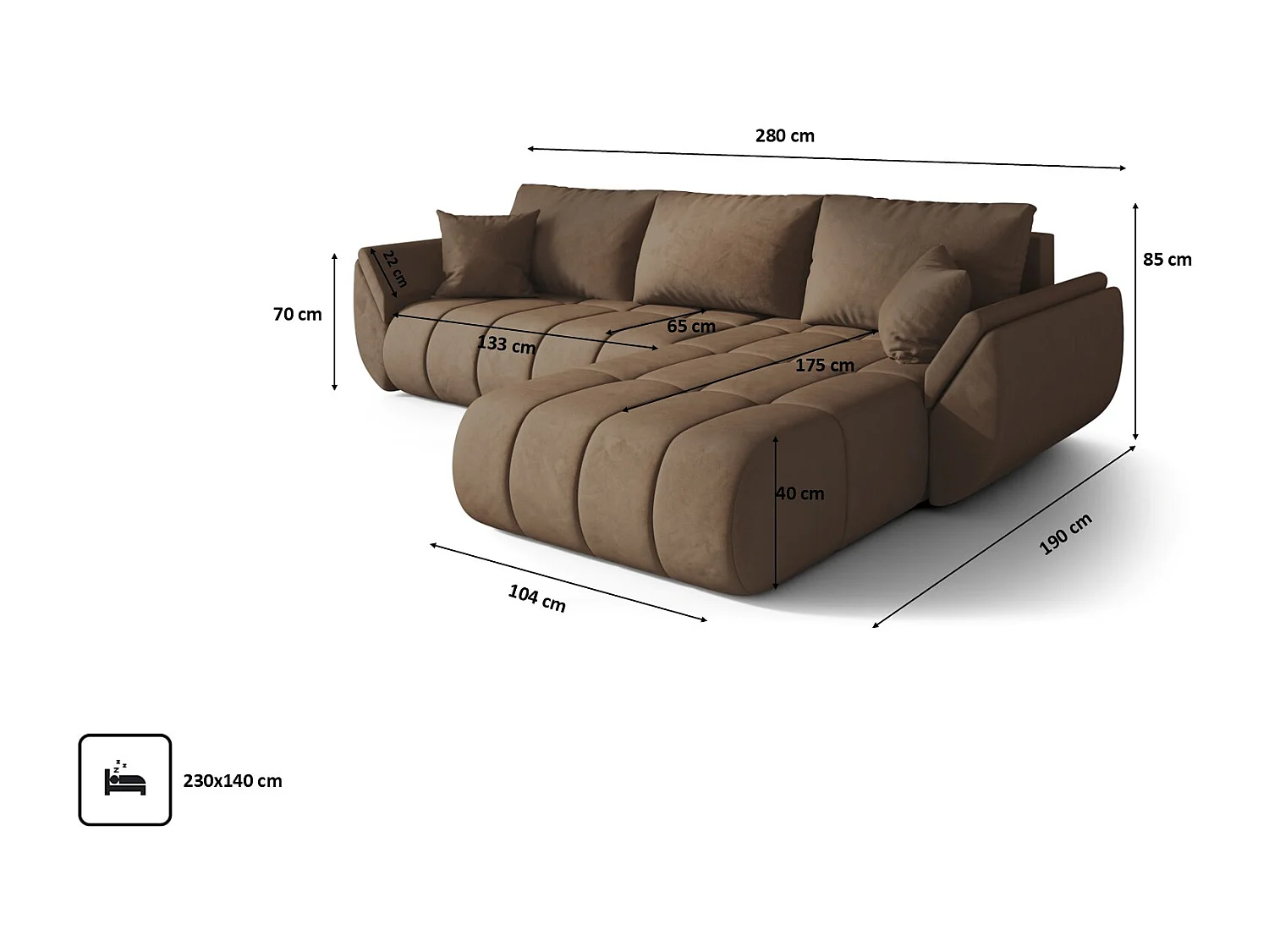 Canapé d'angle convertible avec compartiment de rangement TOKYO PREMIUM, tissu MONOLITH, marron clair, côté droit