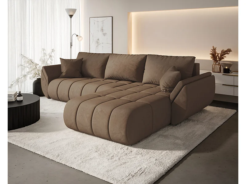 Canapé d'angle convertible avec compartiment de rangement TOKYO PREMIUM, tissu MONOLITH, marron clair, côté droit