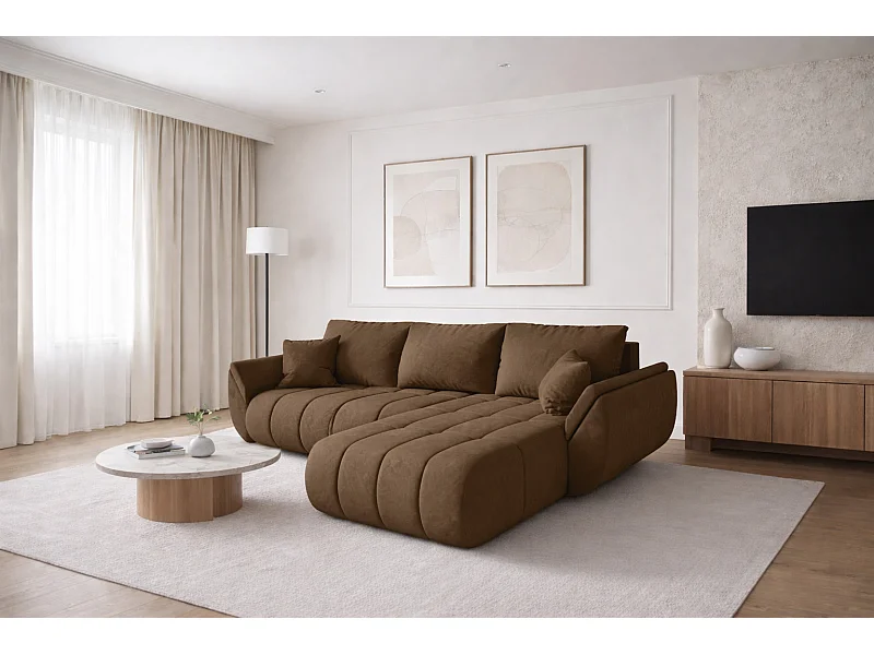 Divano angolare con funzione letto e vano contenitore TOKYO PREMIUM, tessuto MONOLITH, marrone chiaro, lato destro
