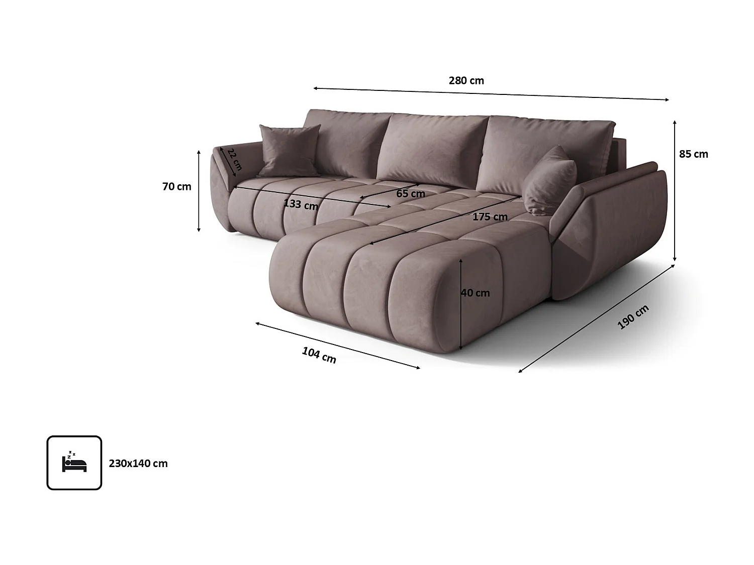 Canapé d'angle convertible avec compartiment de rangement TOKYO PREMIUM, tissu MONOLITH, violet, côté droit