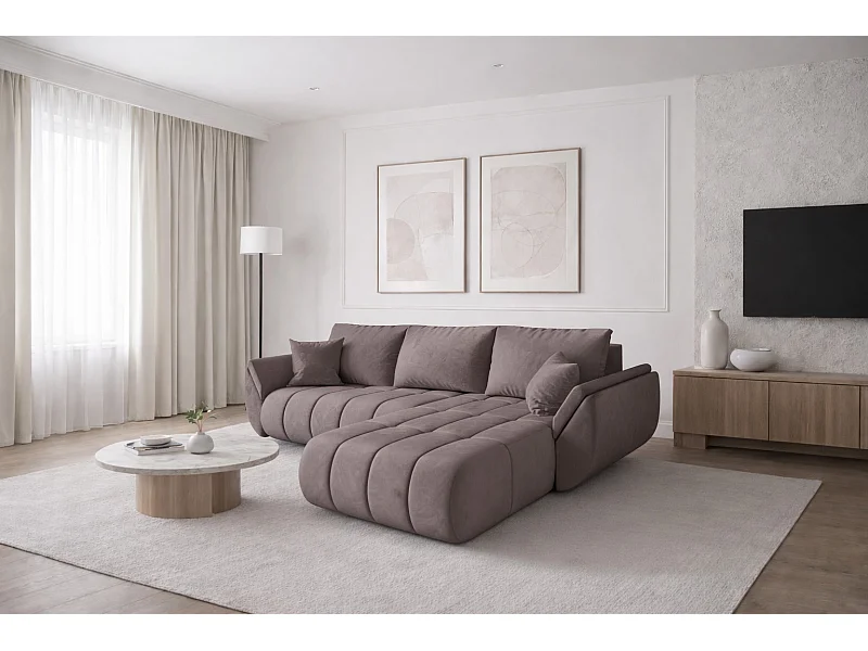 Canapé d'angle convertible avec compartiment de rangement TOKYO PREMIUM, tissu MONOLITH, violet, côté droit