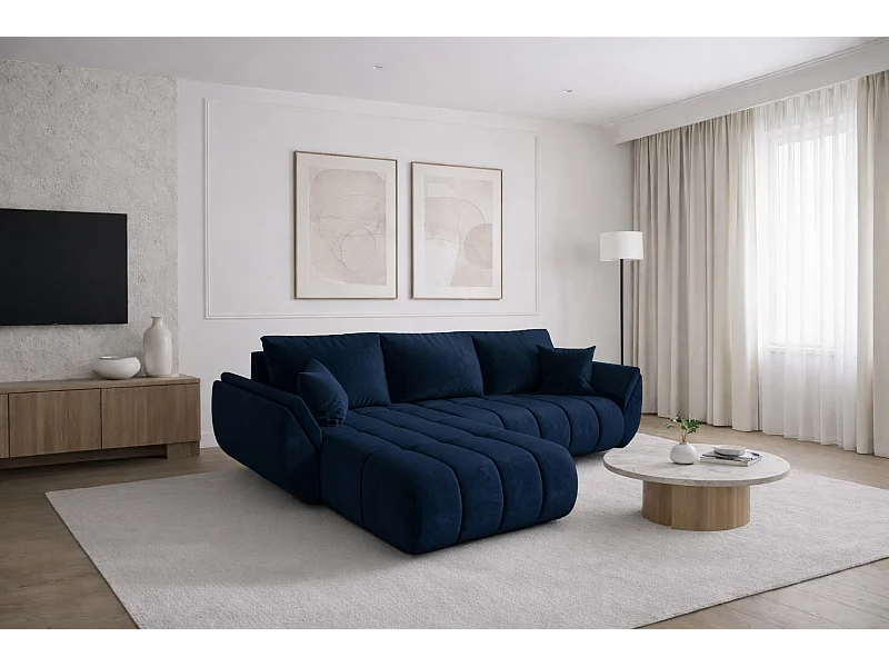 Divano angolare con funzione letto e vano contenitore TOKYO PREMIUM, tessuto MONOLITH, blu scuro, sinistra