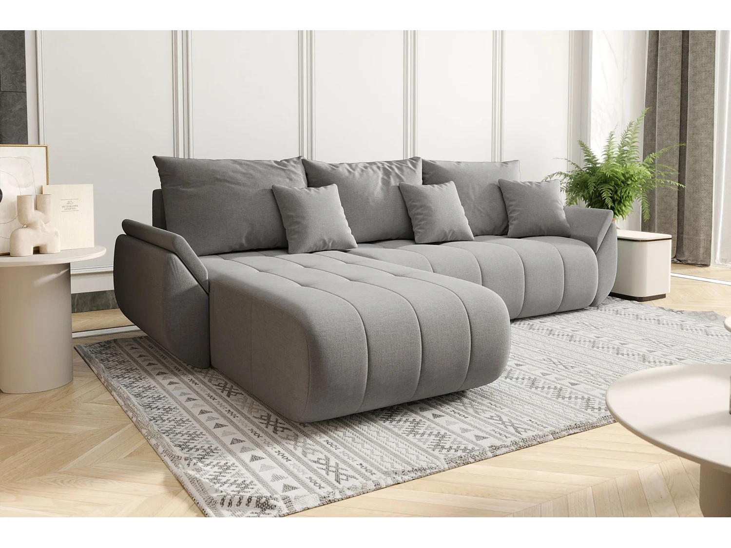 Canapé d'angle convertible avec rangement TOKYO, tissu WIND, gris sable, gauche