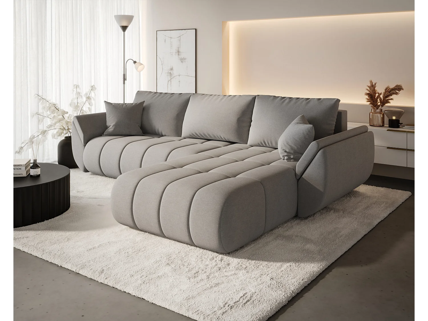 Canapé d'angle convertible avec rangement TOKYO PREMIUM, tissu WIND, Gris, Droite