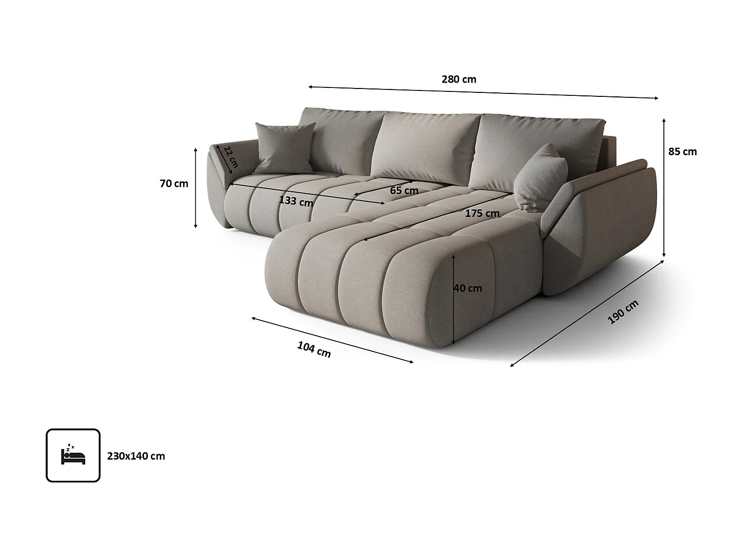 Canapé d'angle convertible avec rangement TOKYO PREMIUM, tissu WIND, Gris, Droite