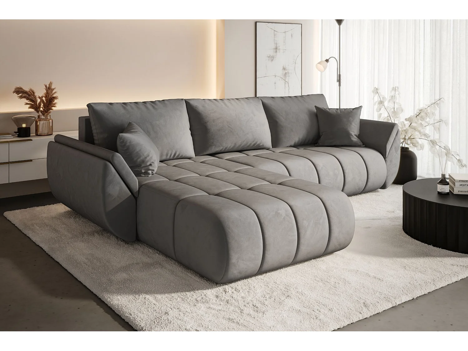 Canapé d'angle convertible avec compartiment de rangement TOKYO PREMIUM, tissu MONOLITH, gris clair, gauche