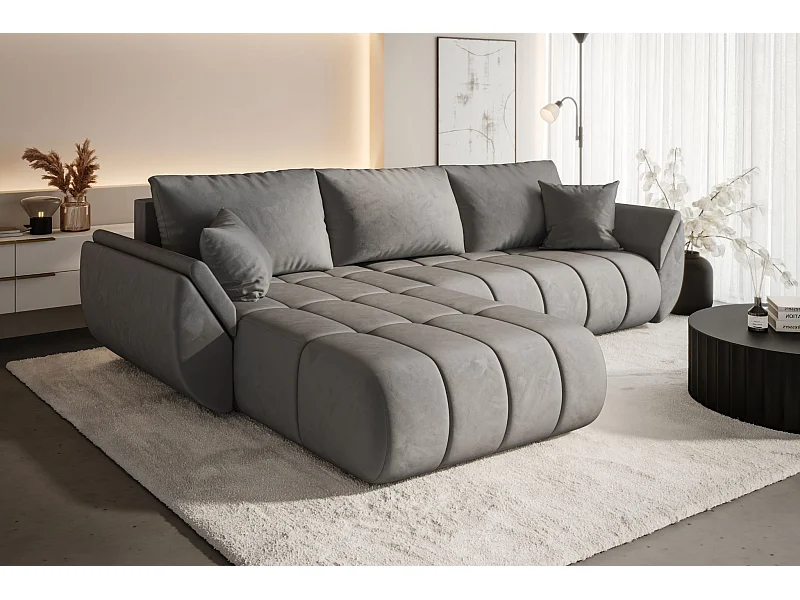 Canapé d'angle convertible avec compartiment de rangement TOKYO PREMIUM, tissu MONOLITH, gris clair, gauche
