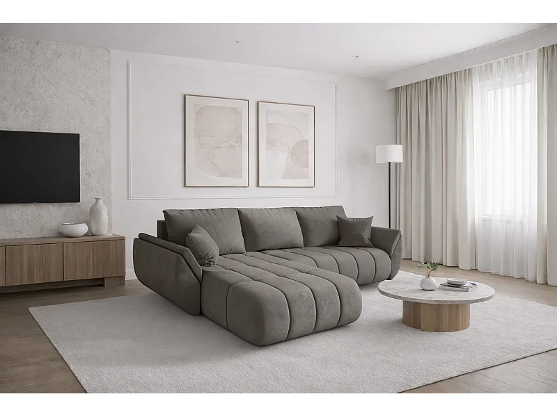 Divano angolare con funzione letto e vano contenitore TOKYO PREMIUM, tessuto MONOLITH, grigio chiaro, sinistro