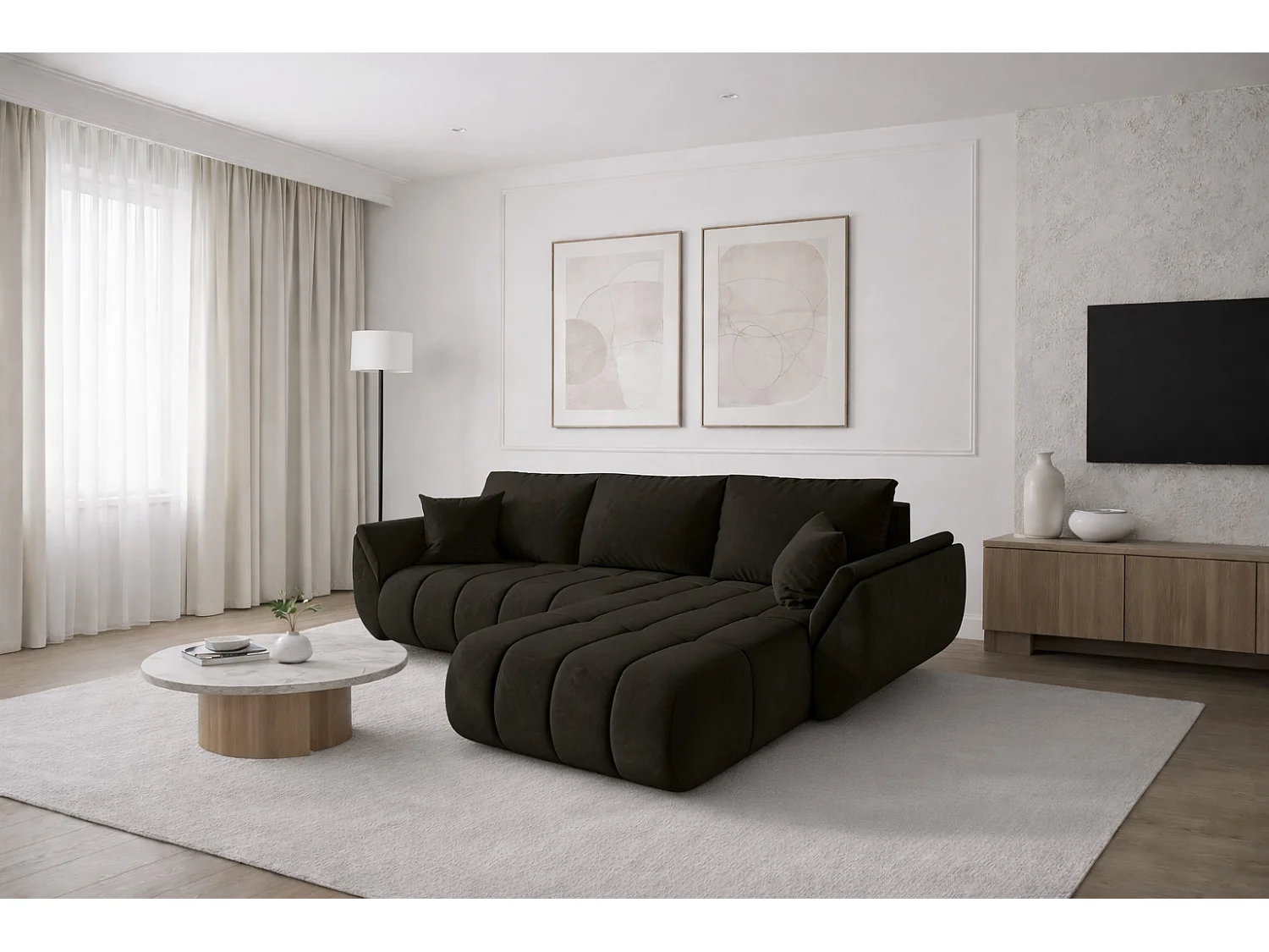 Canapé d'angle convertible avec compartiment de rangement TOKYO PREMIUM, tissu MONOLITH, gris foncé, côté droit