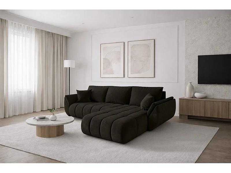 Divano angolare con funzione letto e vano contenitore TOKYO PREMIUM, tessuto MONOLITH, grigio scuro, lato destro