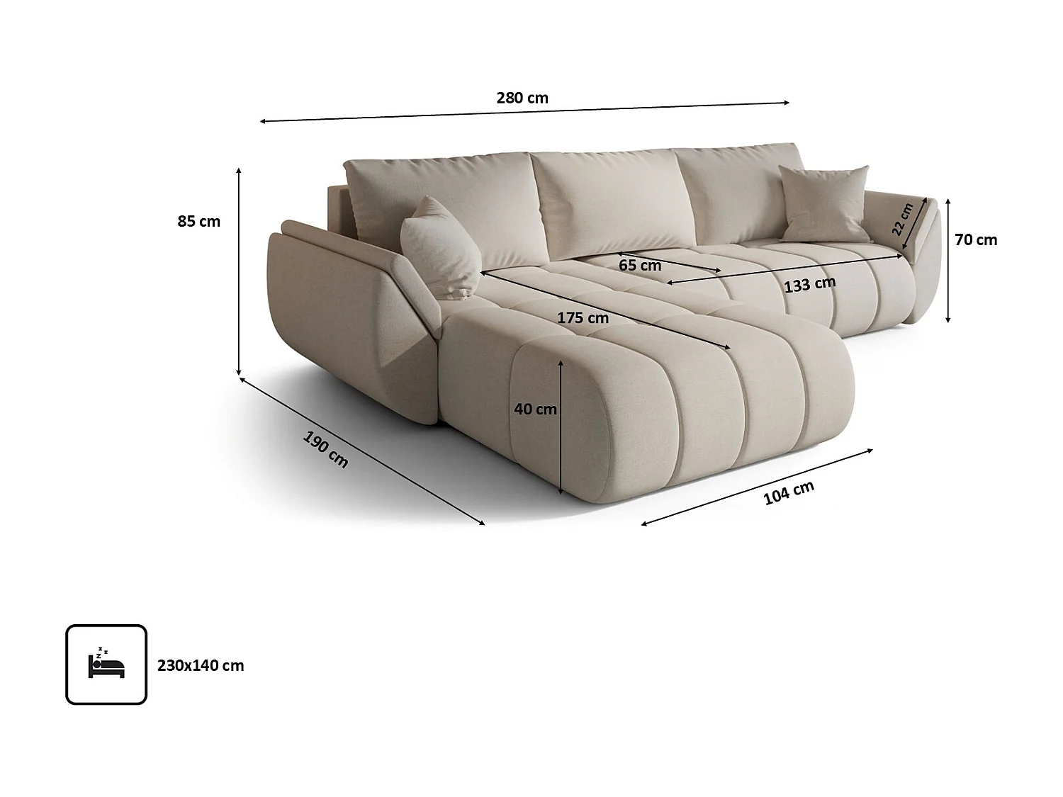 Hoekbank met slaapfunctie en opbergvak TOKYO PREMIUM, stof WIND, Beige, Links
