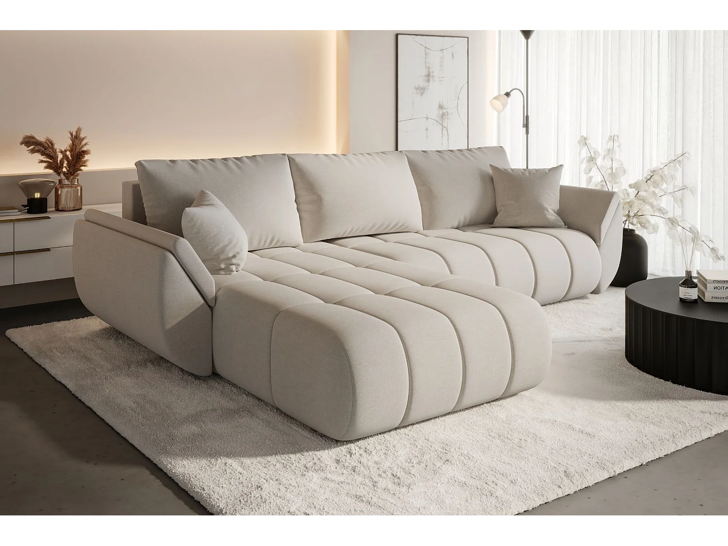 Canapé d'angle convertible avec rangement TOKYO PREMIUM, tissu WIND, beige, gauche