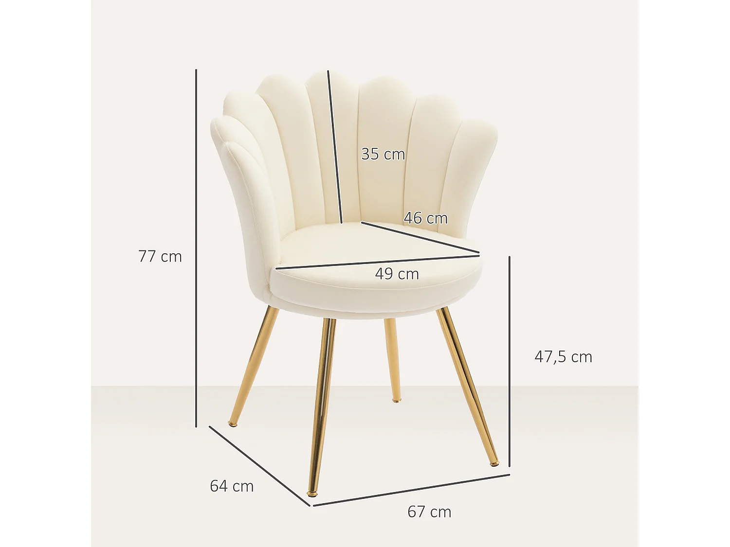 Chaise coquillage chaise design pieds métal dorés effilés velours beige