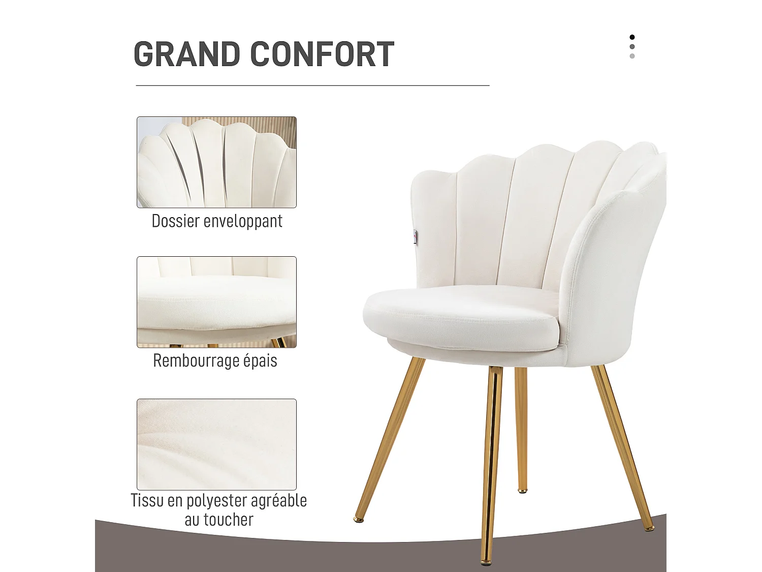 Chaise coquillage chaise design pieds métal dorés effilés velours crème
