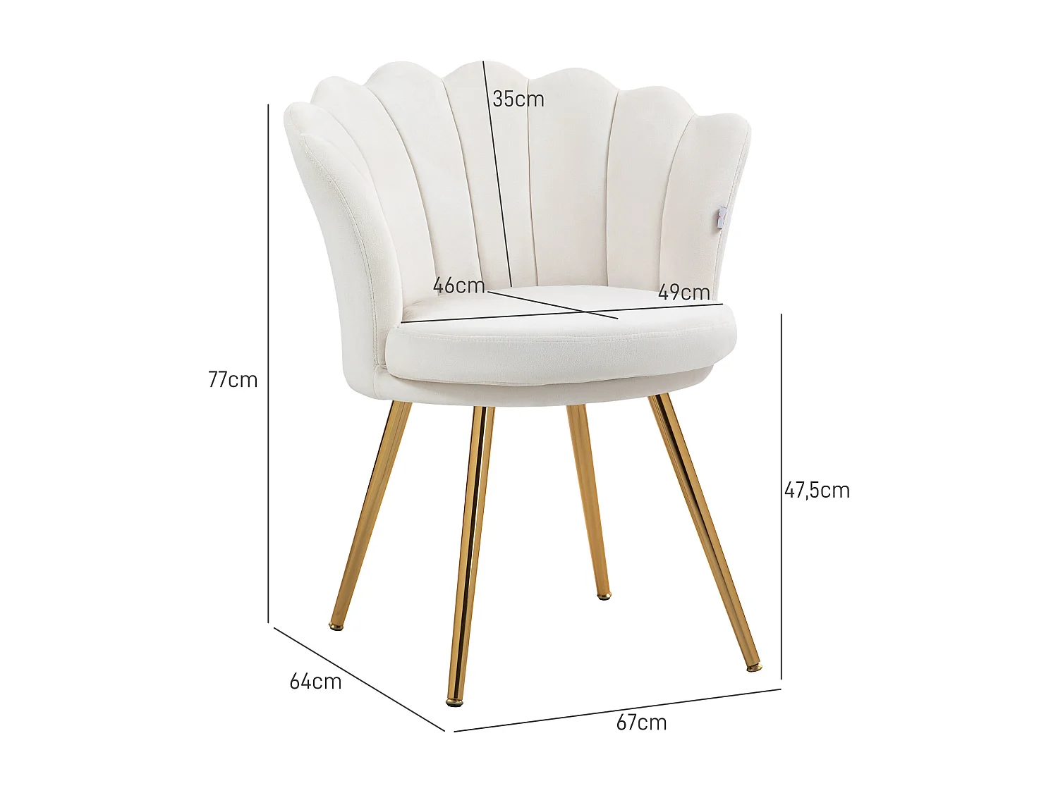 Chaise coquillage chaise design pieds métal dorés effilés velours crème