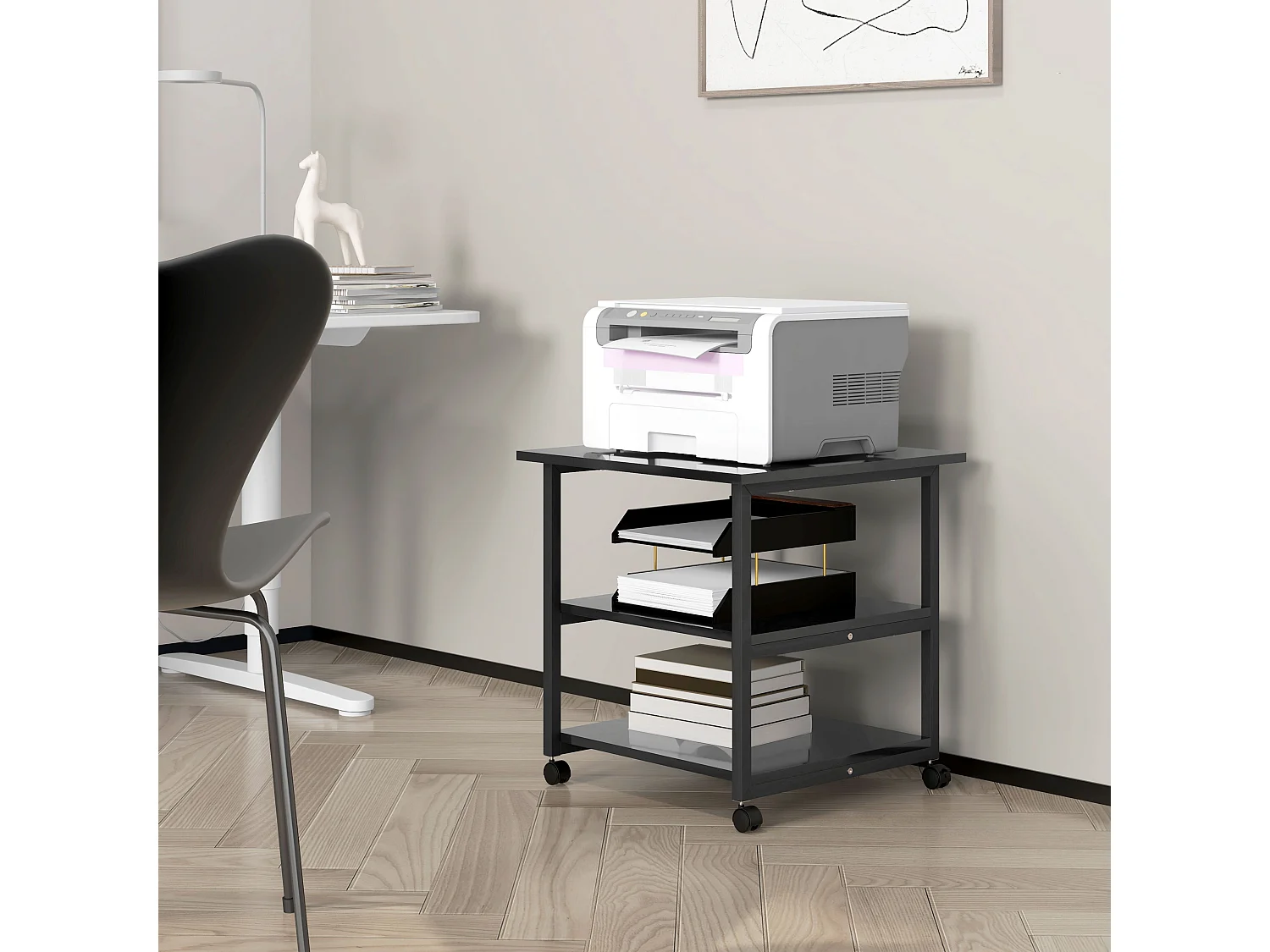 Support d'imprimante desserte de rangement 3 niveaux plateau 2 étagères acier panneaux noir