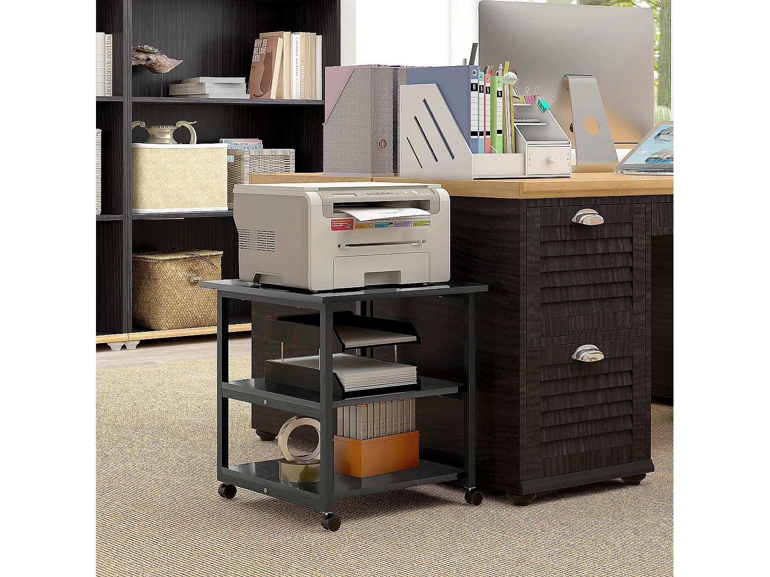 Support d'imprimante desserte de rangement 3 niveaux plateau 2 étagères acier panneaux noir