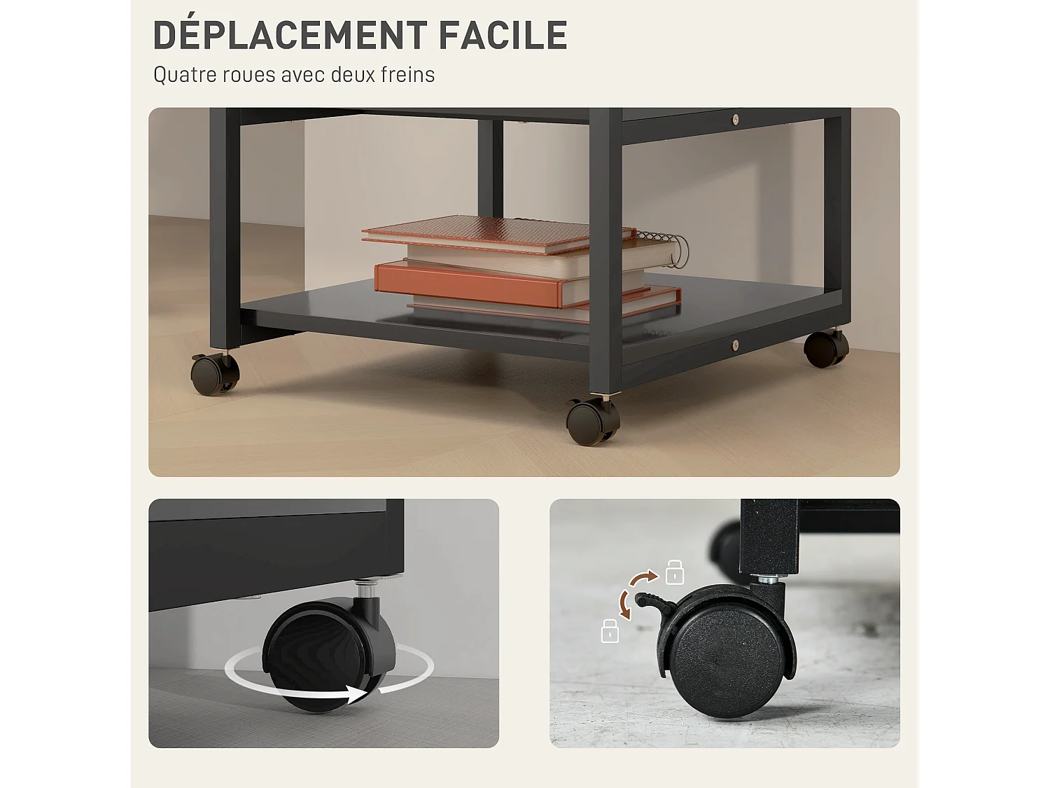 Support d'imprimante desserte de rangement 3 niveaux plateau 2 étagères acier panneaux noir