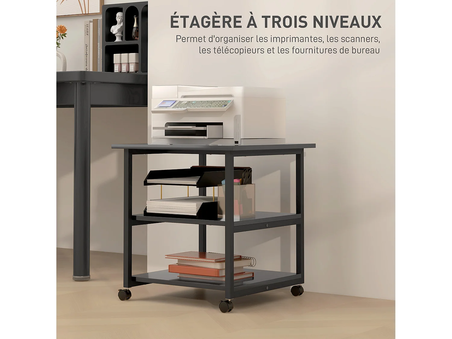 Support d'imprimante desserte de rangement 3 niveaux plateau 2 étagères acier panneaux noir