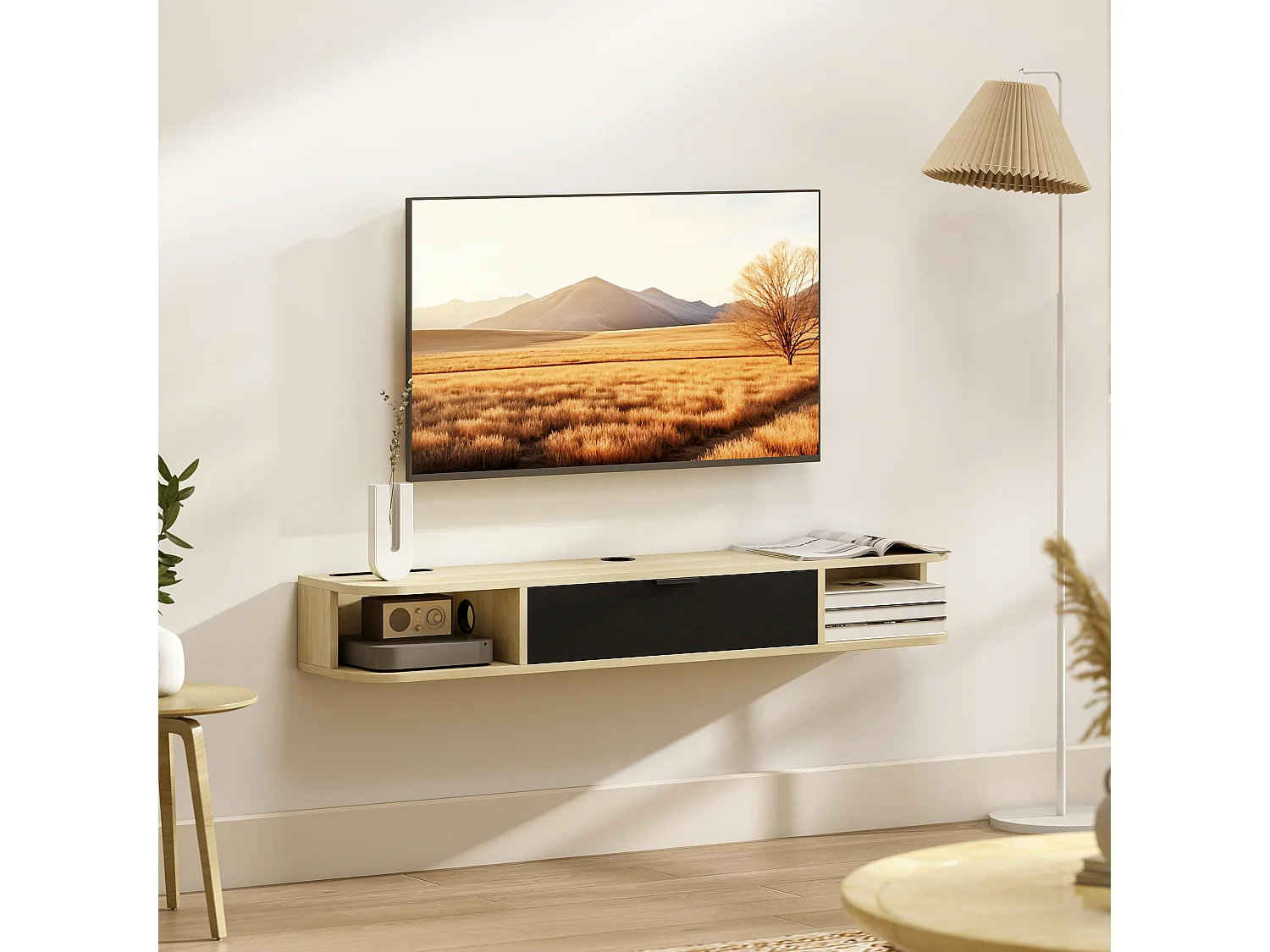 Meuble TV suspendu 120cm - porte, 2 niches, espace routeur, passe-fils - effet bois clair noir