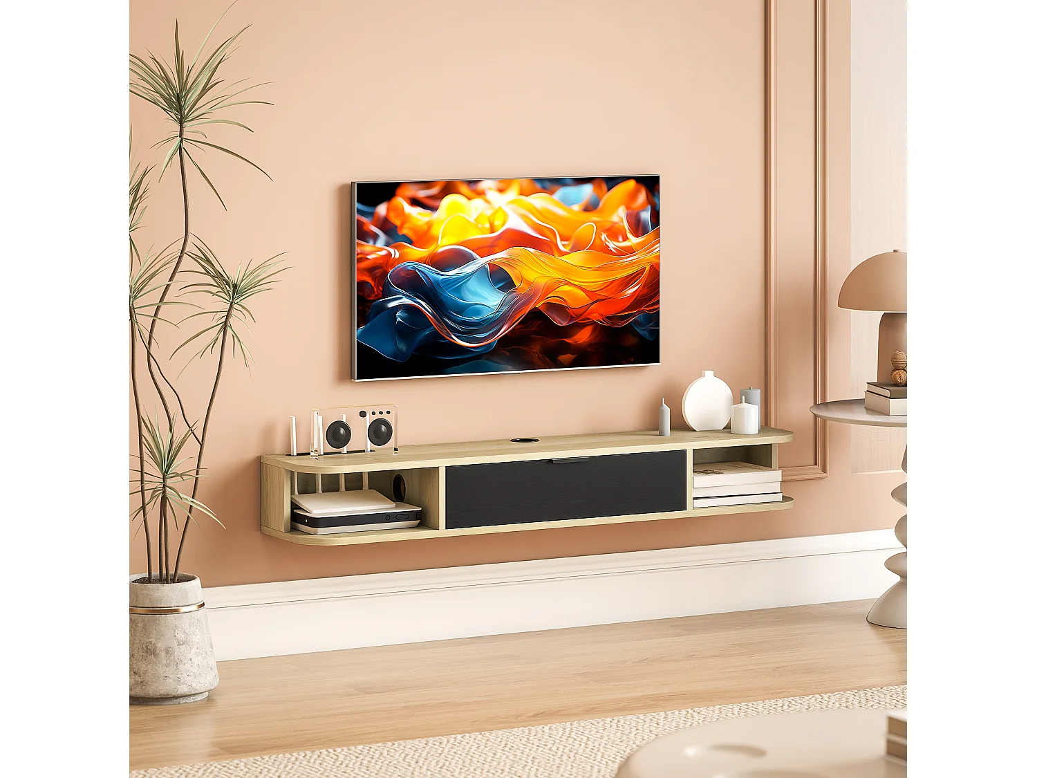 Meuble TV suspendu 120cm - porte, 2 niches, espace routeur, passe-fils - effet bois clair noir