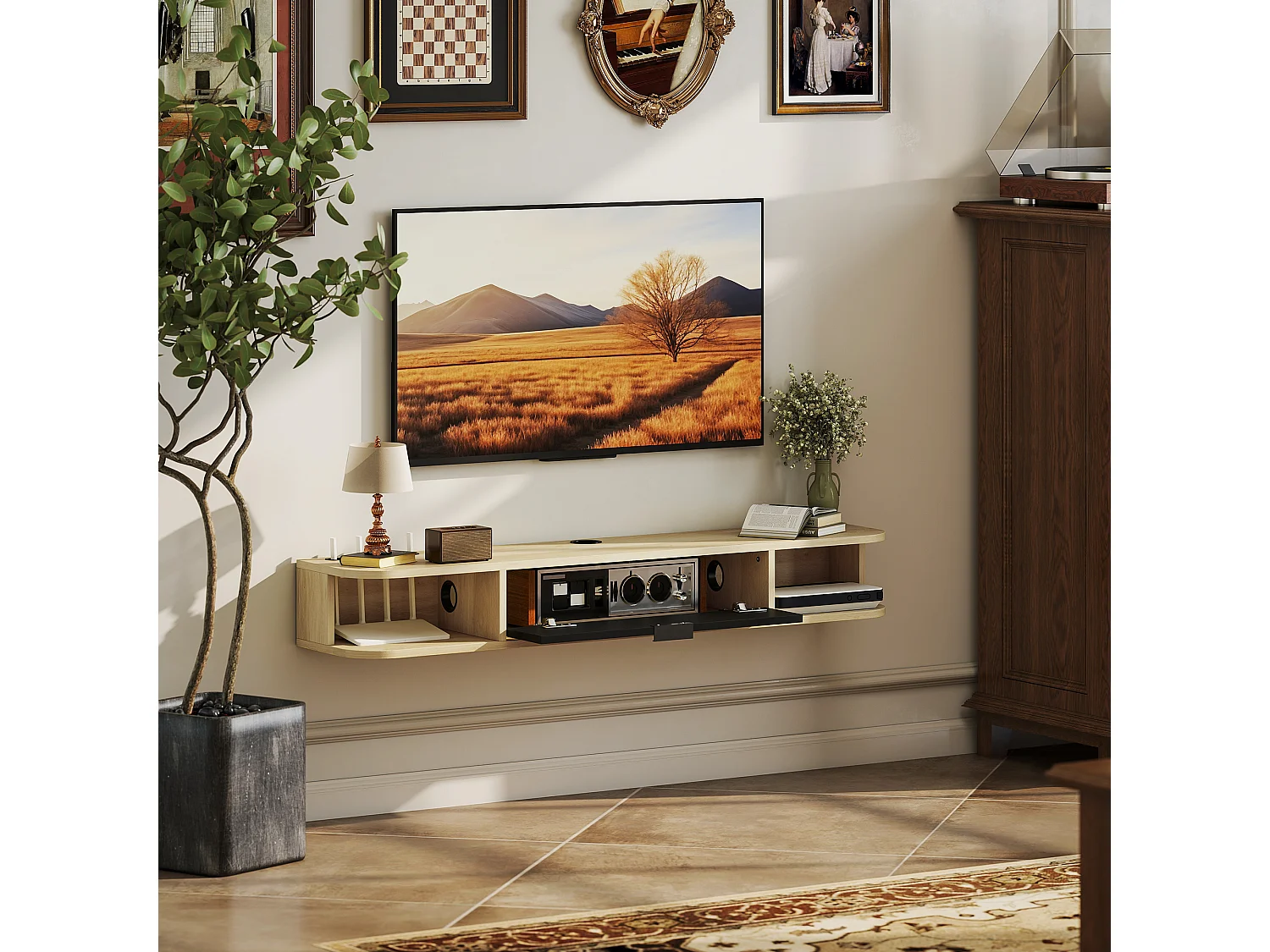 Meuble TV suspendu 120cm - porte, 2 niches, espace routeur, passe-fils - effet bois clair noir