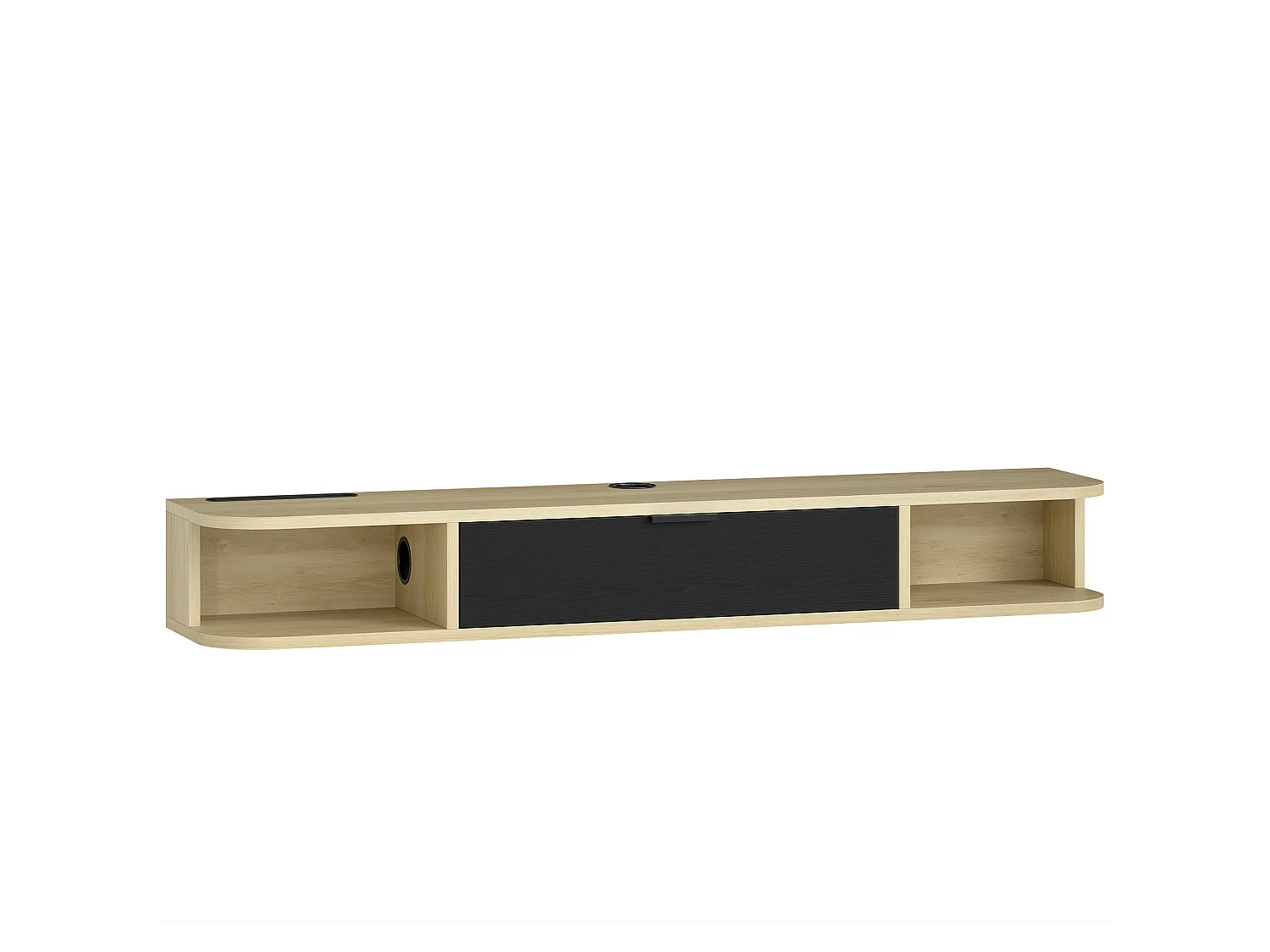 Meuble TV suspendu 120cm - porte, 2 niches, espace routeur, passe-fils - effet bois clair noir