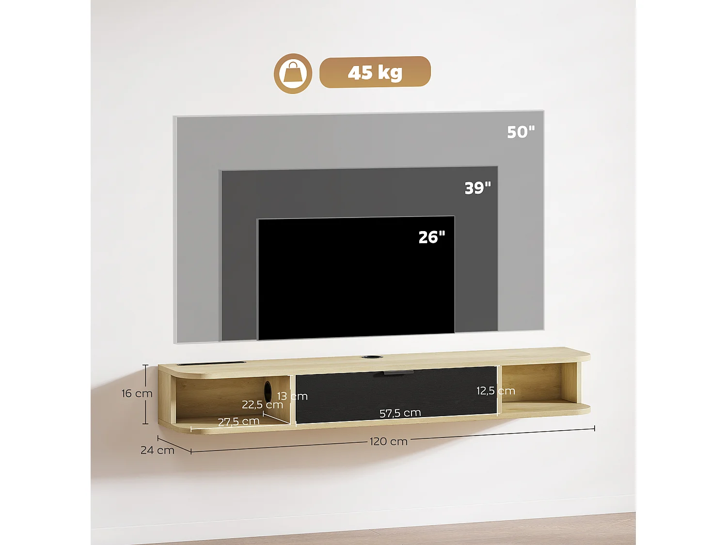 Meuble TV suspendu 120cm - porte, 2 niches, espace routeur, passe-fils - effet bois clair noir