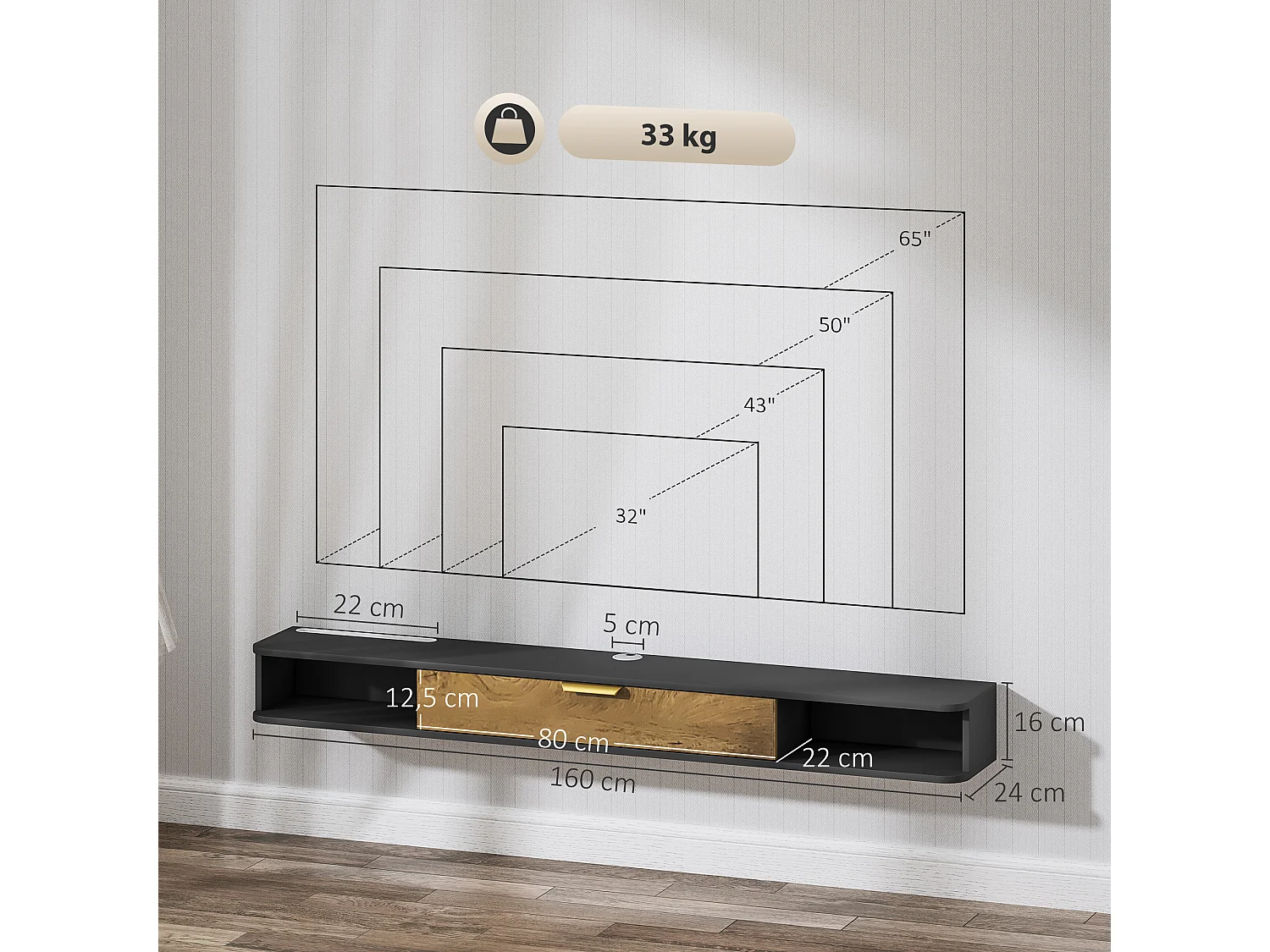 Meuble TV design suspendu - meuble TV mural - 2 niches, porte abbatante - dim. 160 x 24 x 16 cm - gris charbon effet bois
