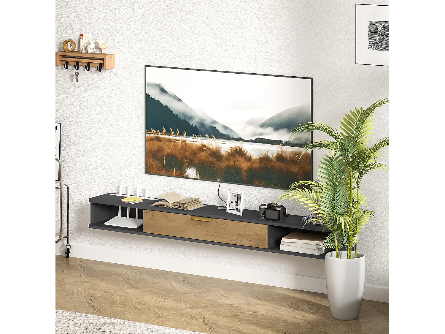 Meuble TV design suspendu - meuble TV mural - 2 niches, porte abbatante - dim. 160 x 24 x 16 cm - gris charbon effet bois