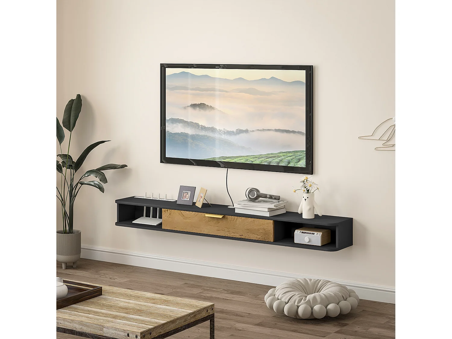 Meuble TV design suspendu - meuble TV mural - 2 niches, porte abbatante - dim. 160 x 24 x 16 cm - gris charbon effet bois