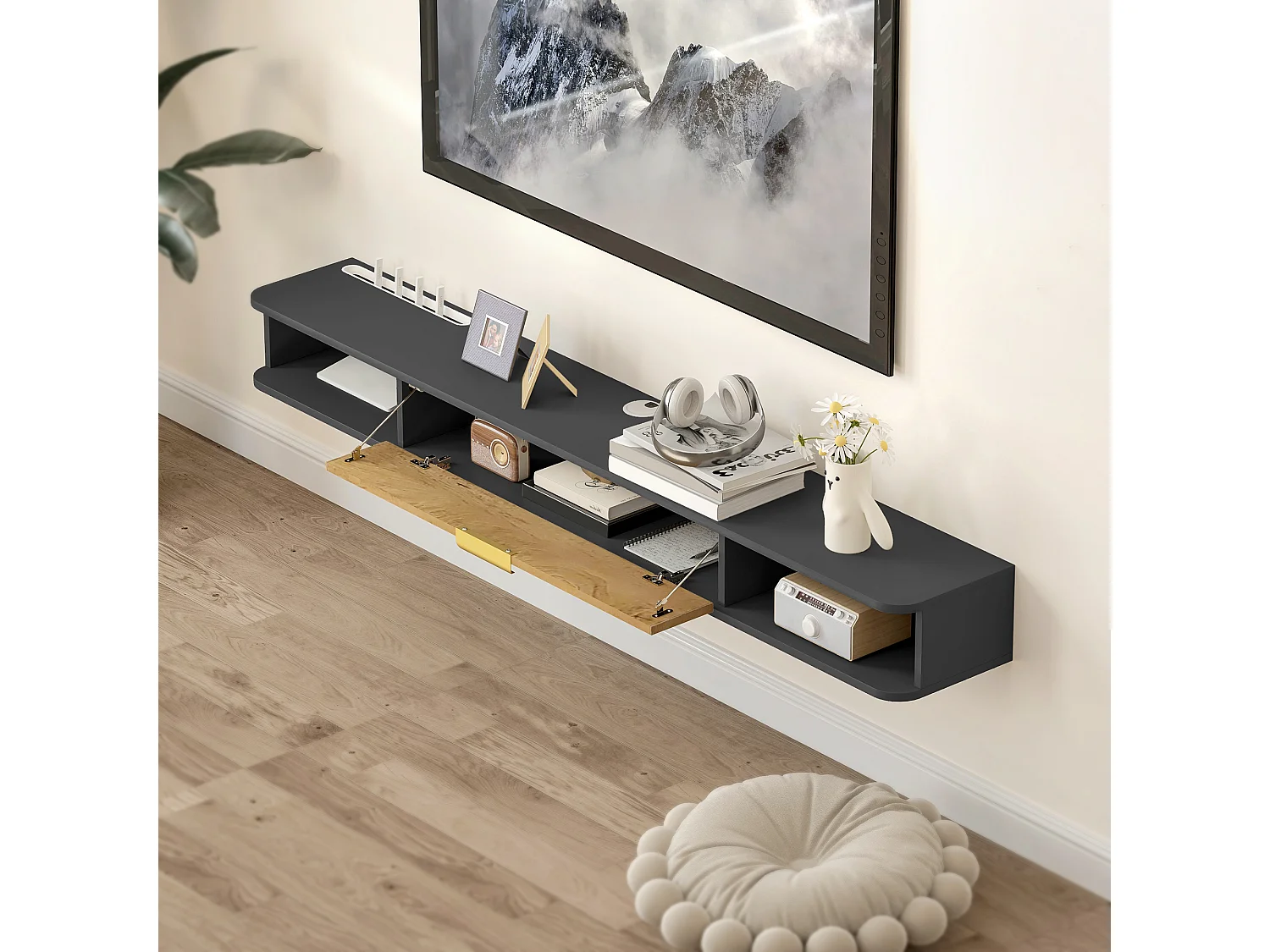 Meuble TV design suspendu - meuble TV mural - 2 niches, porte abbatante - dim. 160 x 24 x 16 cm - gris charbon effet bois