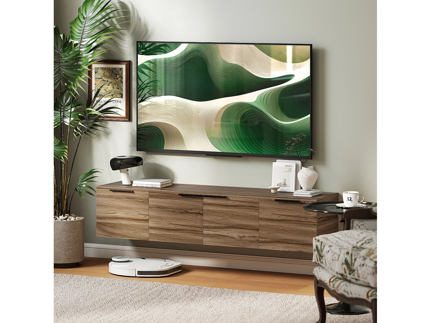 Meuble TV suspendu flottant design effet bois de noyer 4 portes 2 étagères dim. 150 x 35 x 32 cm